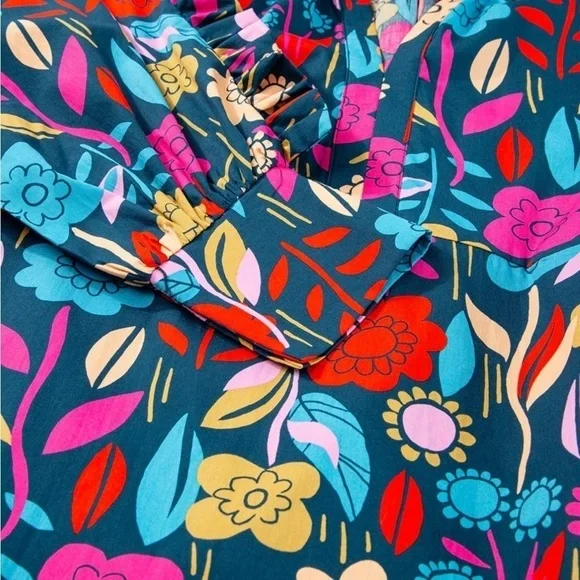 NWT! Green Floral Print Puff Sleeve Ruffled Mini Dress boho retro layered SZ S - Picture 9 of 15